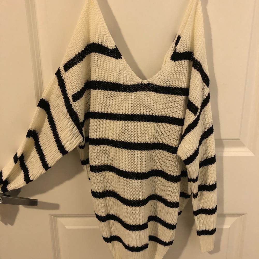 Black and white knit off the shoulder sweater